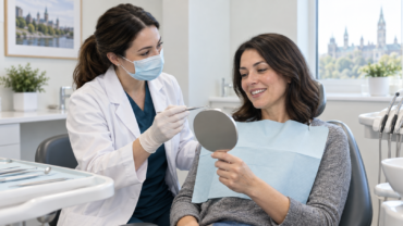 Dentist discussing a gum health assessment with an adult patient in Ottawa