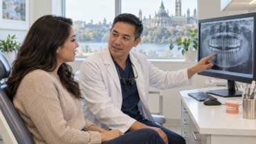 Ottawa dentist reviewing a dental X-ray with an adult patient