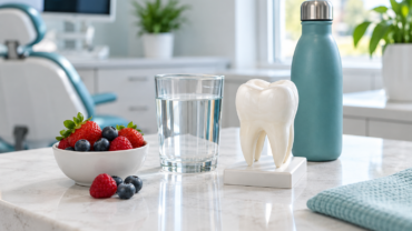 Glass of water, reusable bottle, berries and a tooth model in a bright Ottawa dental clinic setting