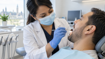 Ottawa dentist examining the inside of an adult patient's mouth for a persistent sore